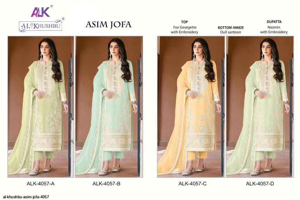 Asim Jofa By Al Khushbu 4057-A To 4057-D Series Designer Pakistani Suits Beautiful Stylish Fancy Colorful Party Wear & Occasional Wear Faux Georgette With Embroidery Dresses At Wholesale Price