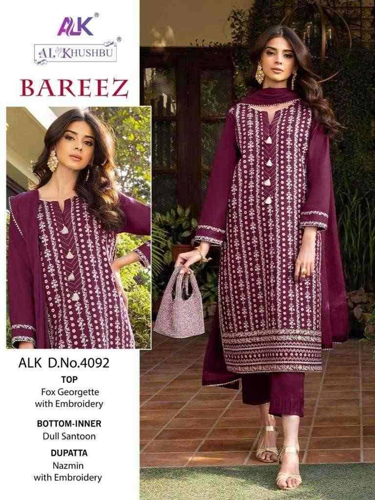 Bareez By Al Khushbu 4092 To 4094 Series Designer Pakistani Suits Beautiful Stylish Fancy Colorful Party Wear & Occasional Wear Faux Georgette With Embroidery Dresses At Wholesale Price