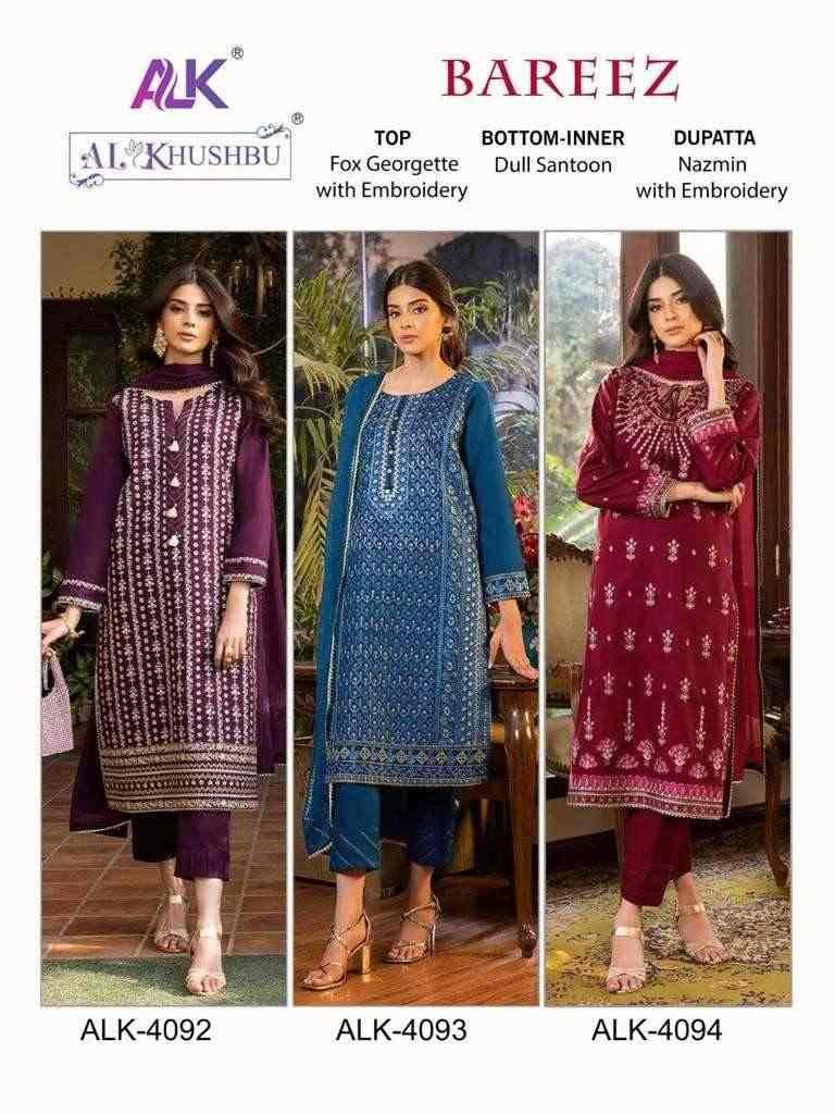 Bareez By Al Khushbu 4092 To 4094 Series Designer Pakistani Suits Beautiful Stylish Fancy Colorful Party Wear & Occasional Wear Faux Georgette With Embroidery Dresses At Wholesale Price