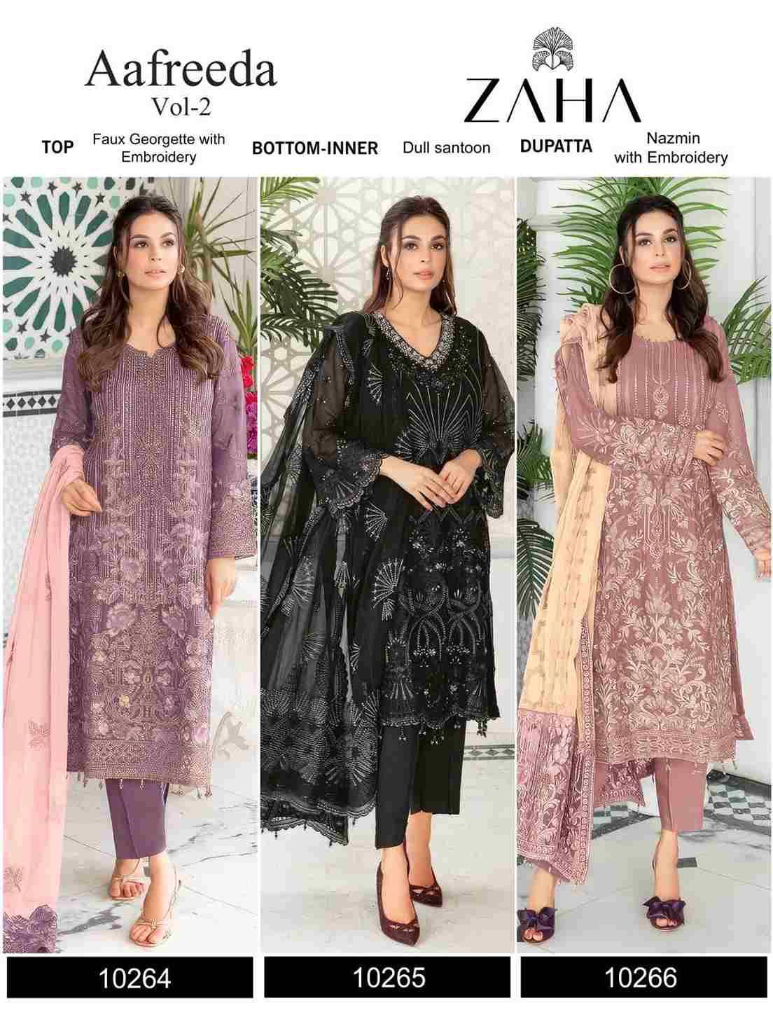 Aafreeda Vol-2 By Zaha 10264 To 10266 Series Beautiful Pakistani Suits Colorful Stylish Fancy Casual Wear & Ethnic Wear Faux Georgette Embroidered Dresses At Wholesale Price