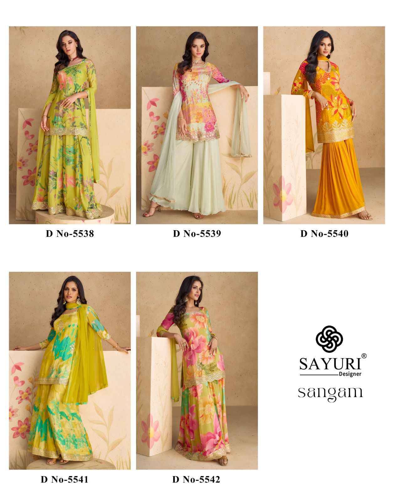 Sangam By Sayuri 5538 To 5542 Series Beautiful Sharara Suits Colorful Stylish Fancy Casual Wear & Ethnic Wear Chinnon Silk Embroidery Dresses At Wholesale Price