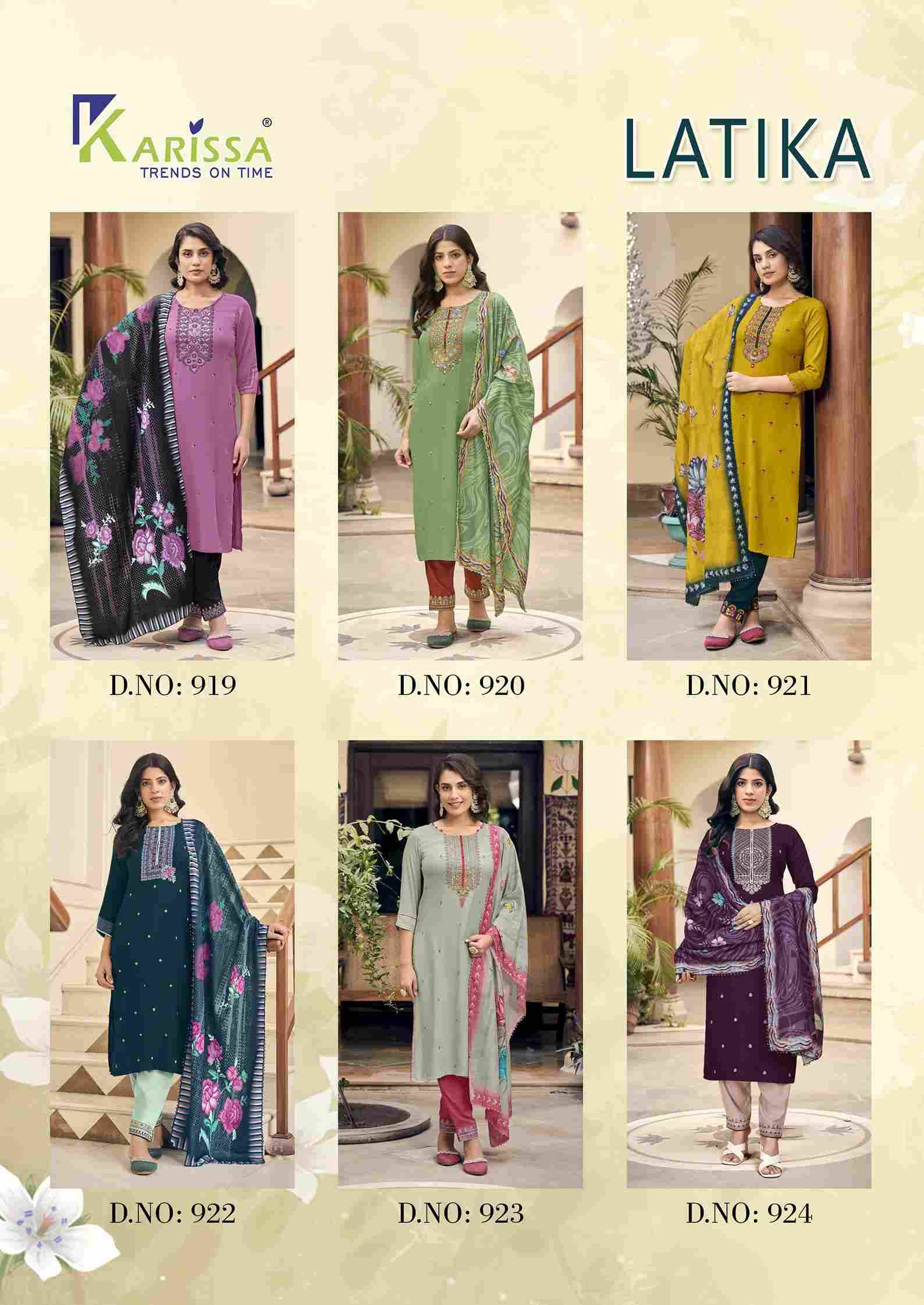 Latika By Karissa 919 To 924 Series Beautiful Festive Suits Stylish Fancy Colorful Casual Wear & Ethnic Wear Rayon Print Dresses At Wholesale Price