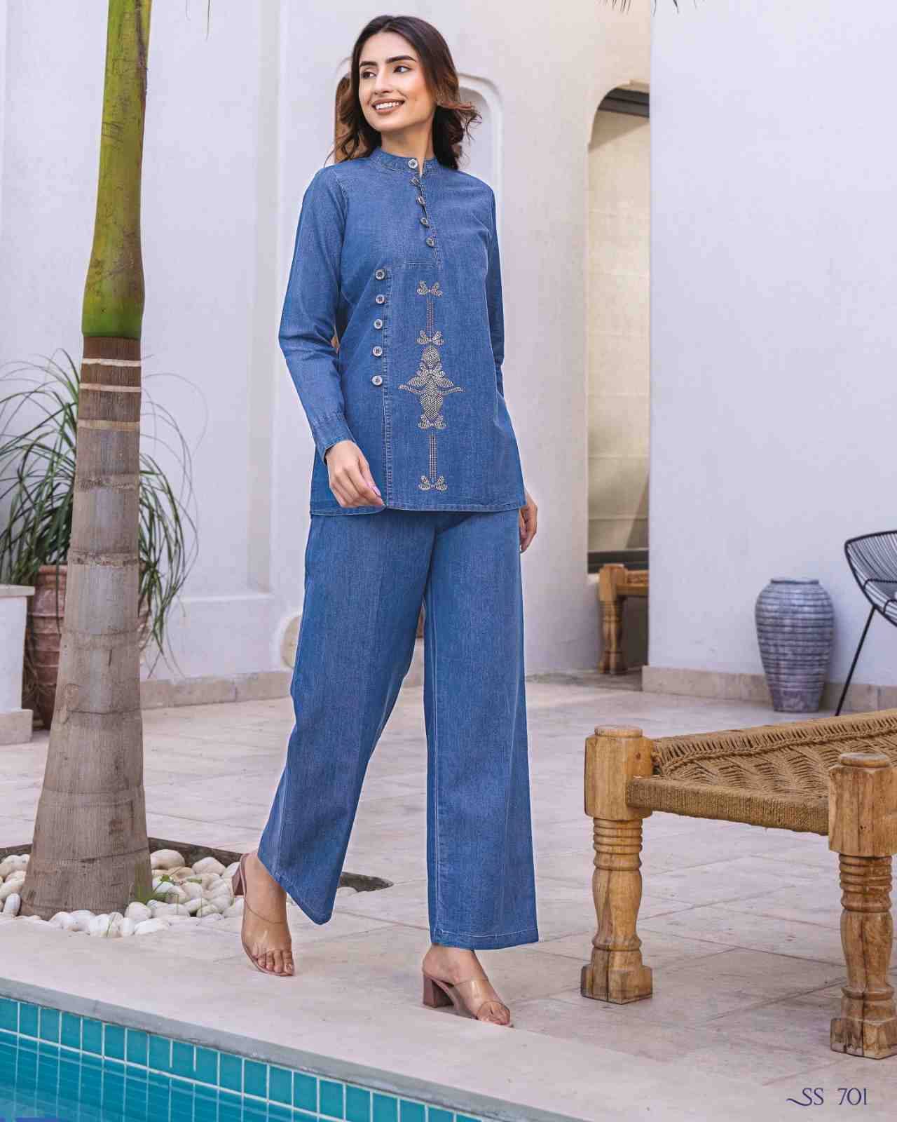 Sho-Shaa Vol-7 By 18 Attitude 701 To 707 Series Designer Stylish Fancy Colorful Beautiful Party Wear & Ethnic Wear Collection Cotton Denim Tops With Bottom At Wholesale Price