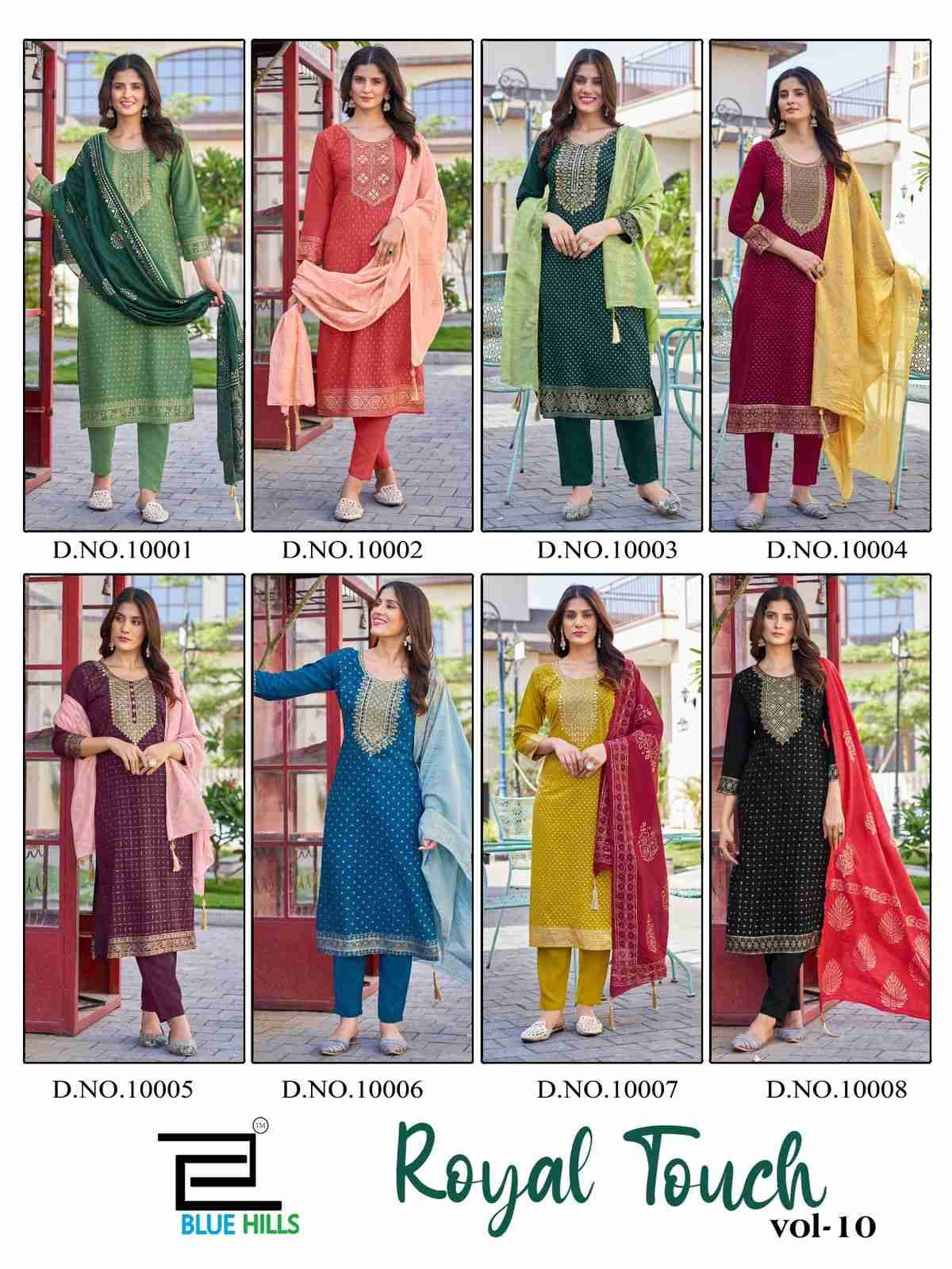 Royal Touch Vol-10 By Blue Hills 10001 To 10008 Series Beautiful Stylish Fancy Colorful Casual Wear & Ethnic Wear Collection Rayon Foil Dresses At Wholesale Price