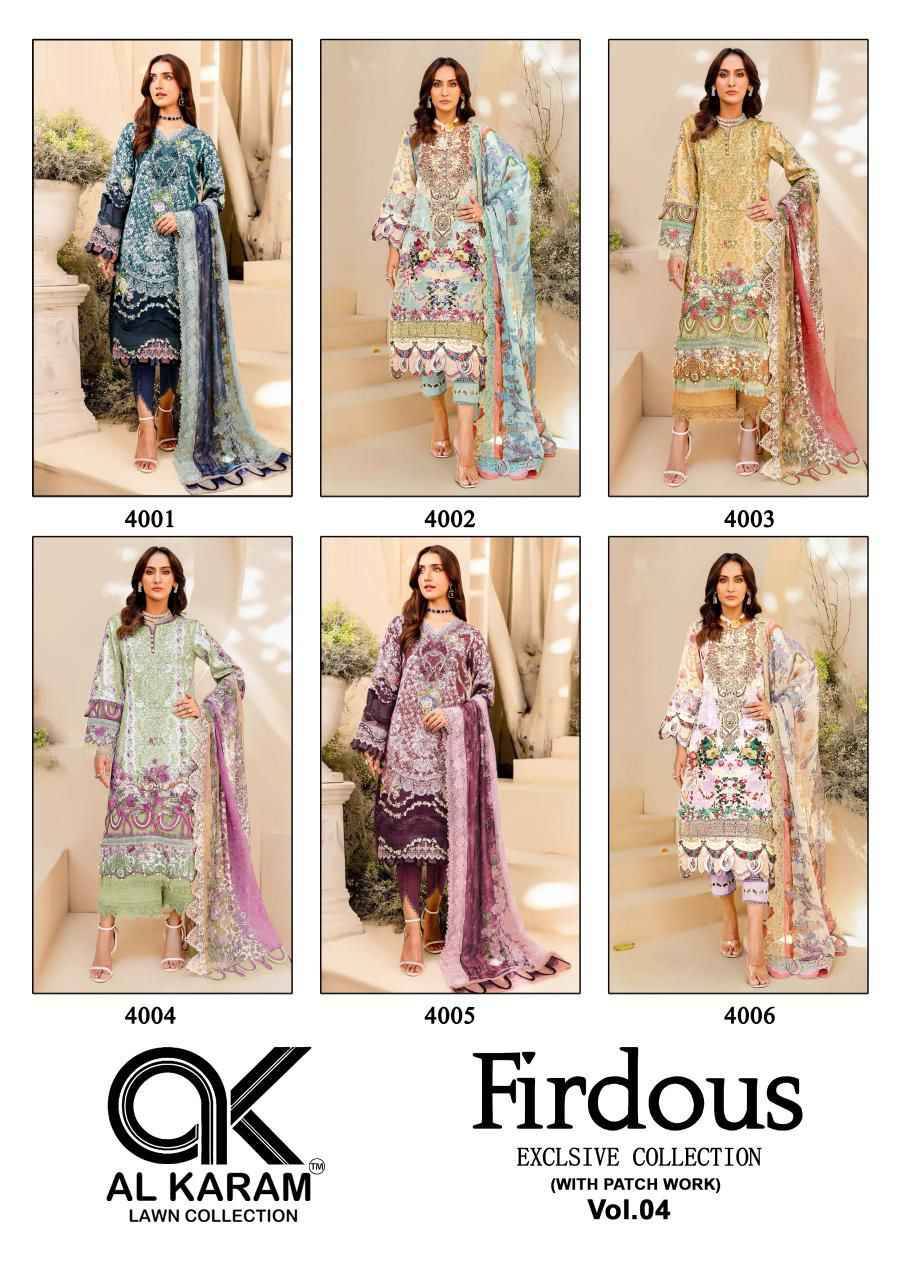 Firdous Vol-4 By Al Karam Lawn Collection 4001 To 4006 Series Beautiful Festive Suits Stylish Fancy Colorful Casual Wear & Ethnic Wear Soft Cotton Print Dresses At Wholesale Price