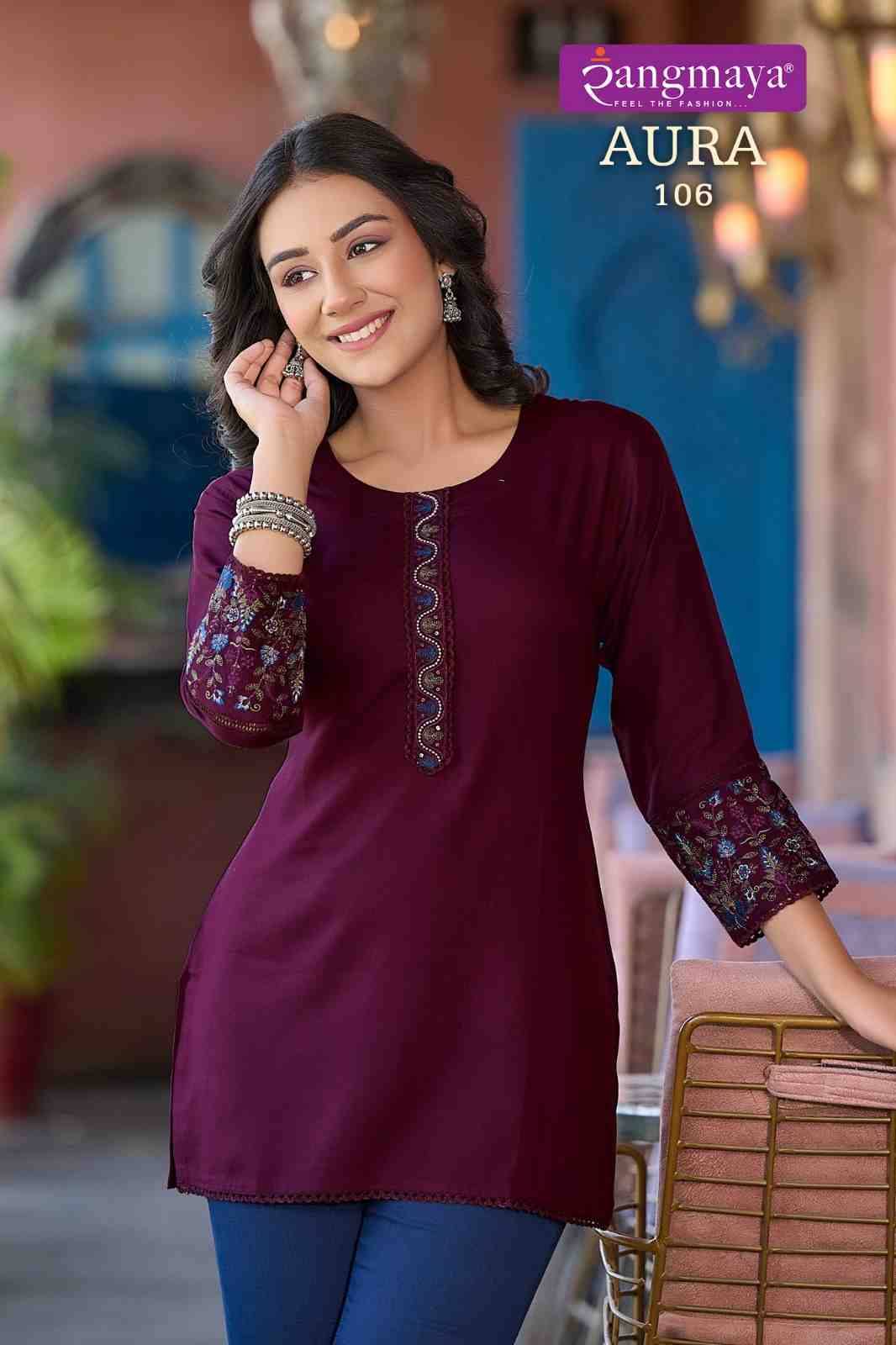 Aura By Rangmaya 101 To 108 Series Designer Stylish Fancy Colorful Beautiful Party Wear & Ethnic Wear Collection Rayon Tops At Wholesale Price