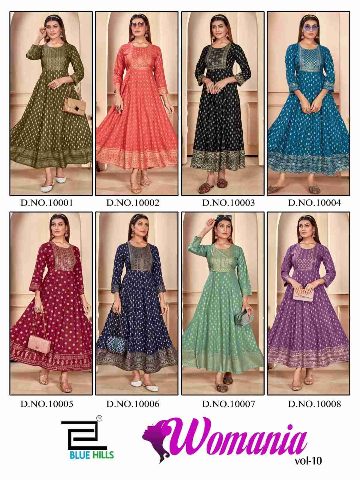 Womaniya Vol-10 By Blue Hills 10001 To 10008 Series Beautiful Stylish Fancy Colorful Casual Wear & Ethnic Wear Rayon Foil Gowns At Wholesale Price