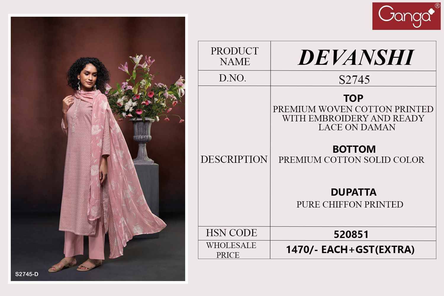 Devanshi-2745 By Ganga Fashion 2745-A To 2745-D Series Beautiful Festive Suits Colorful Stylish Fancy Casual Wear & Ethnic Wear Premium Cotton Dresses At Wholesale Price