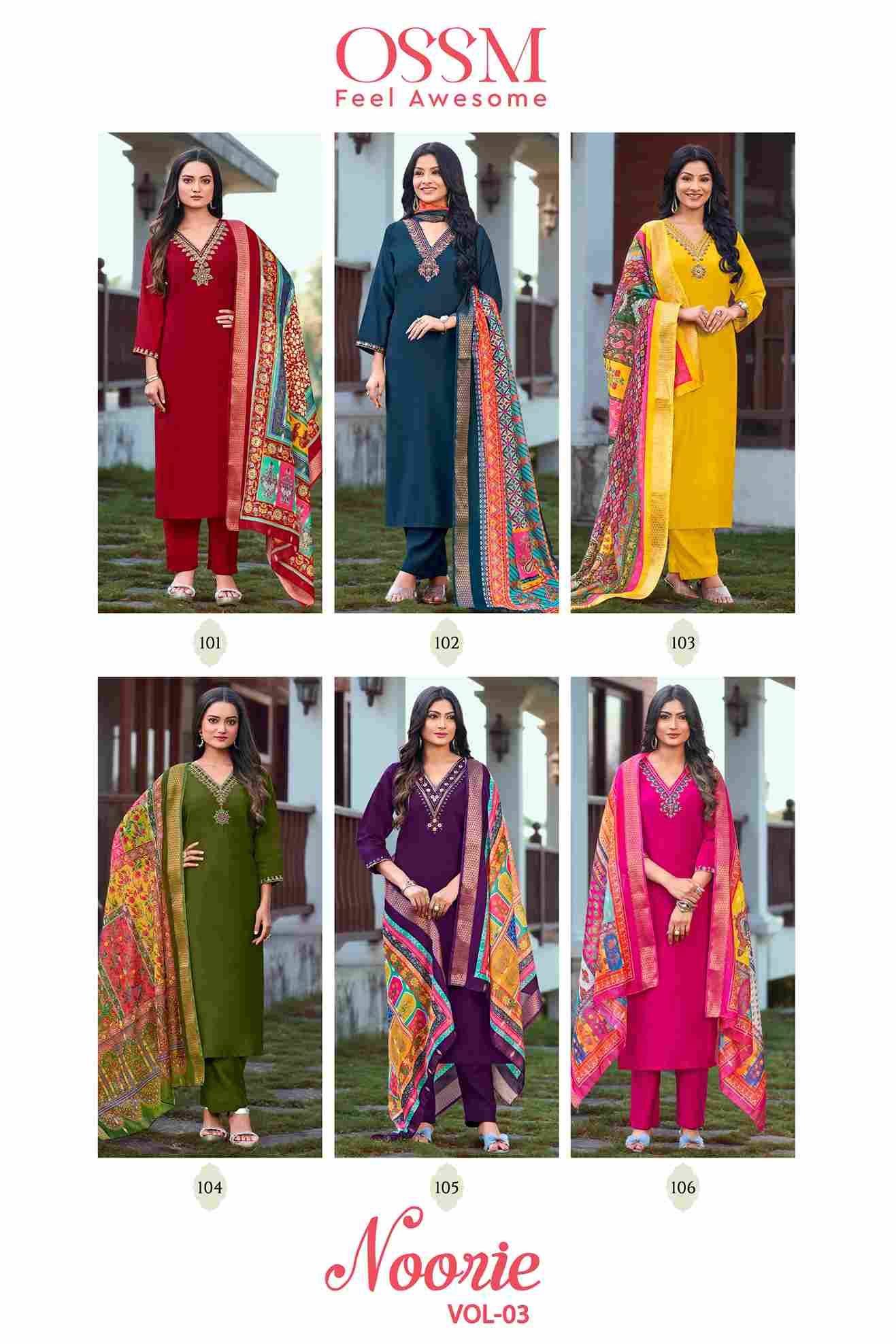 Noorie Vol-3 By Ossm 101 To 106 Series Beautiful Stylish Fancy Colorful Casual Wear & Ethnic Wear Viscose Silk Embroidered Dresses At Wholesale Price