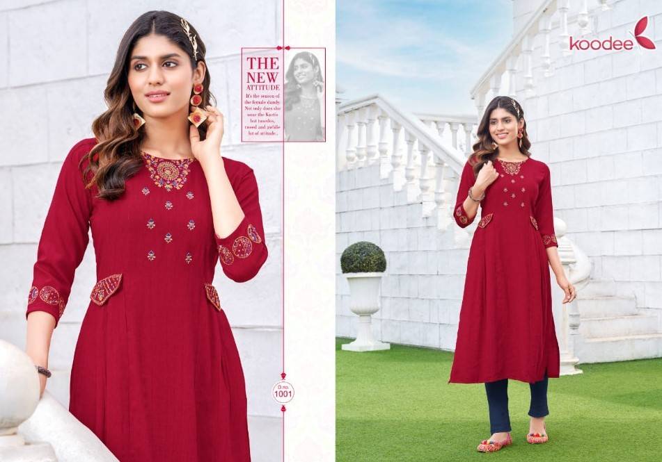 Janvi By Koodee 1001 To 1006 Series Designer Festive Suits Collection Beautiful Stylish Fancy Colorful Party Wear & Occasional Wear Rayon Print Kurtis At Wholesale Price