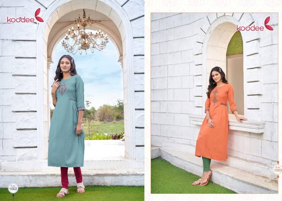 Janvi By Koodee 1001 To 1006 Series Designer Festive Suits Collection Beautiful Stylish Fancy Colorful Party Wear & Occasional Wear Rayon Print Kurtis At Wholesale Price