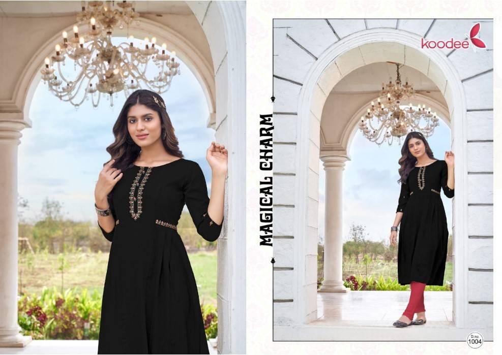 Janvi By Koodee 1001 To 1006 Series Designer Festive Suits Collection Beautiful Stylish Fancy Colorful Party Wear & Occasional Wear Rayon Print Kurtis At Wholesale Price