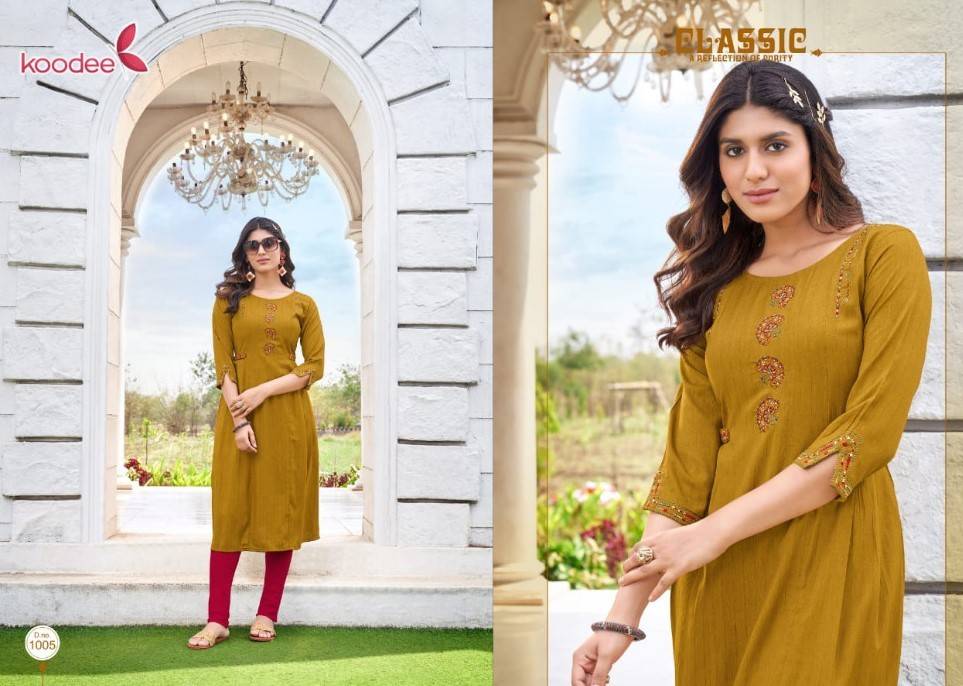 Janvi By Koodee 1001 To 1006 Series Designer Festive Suits Collection Beautiful Stylish Fancy Colorful Party Wear & Occasional Wear Rayon Print Kurtis At Wholesale Price