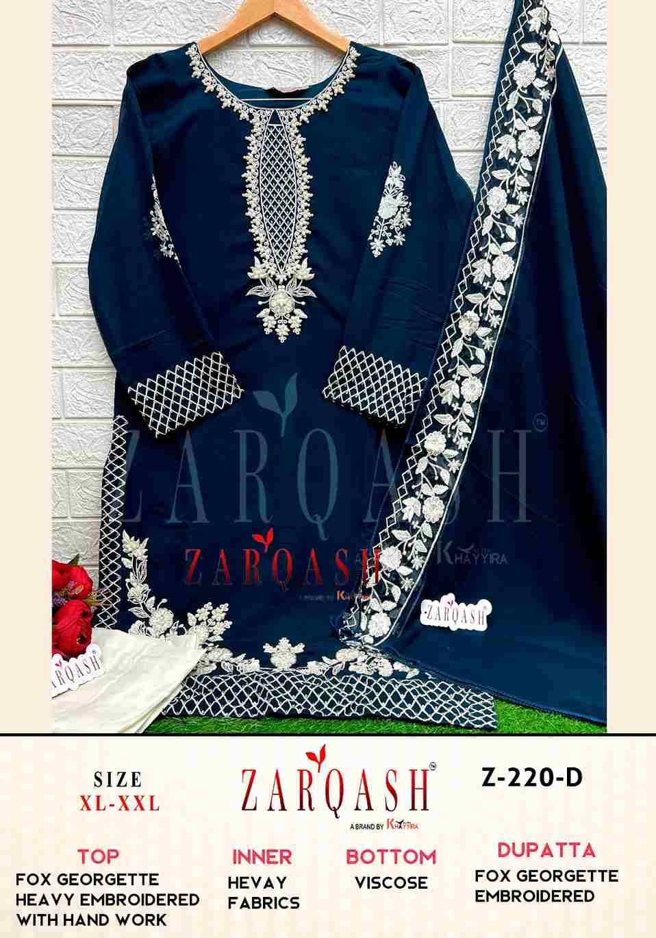 Zarqash Hit Design Z-220 Colours By Zarqash Z-220-A To Z-220-D Series Beautiful Pakistani Suits Colorful Stylish Fancy Casual Wear & Ethnic Wear Faux Georgette Dresses At Wholesale Price