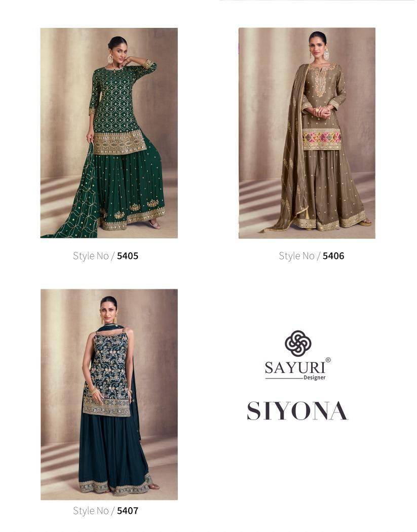 Siyona By Sayuri 5405 To 5407 Series Beautiful Summer Collection Sharara Suits Stylish Fancy Colorful Casual Wear & Ethnic Wear Chinnon Silk/Georgette Embroidered Dresses At Wholesale Price