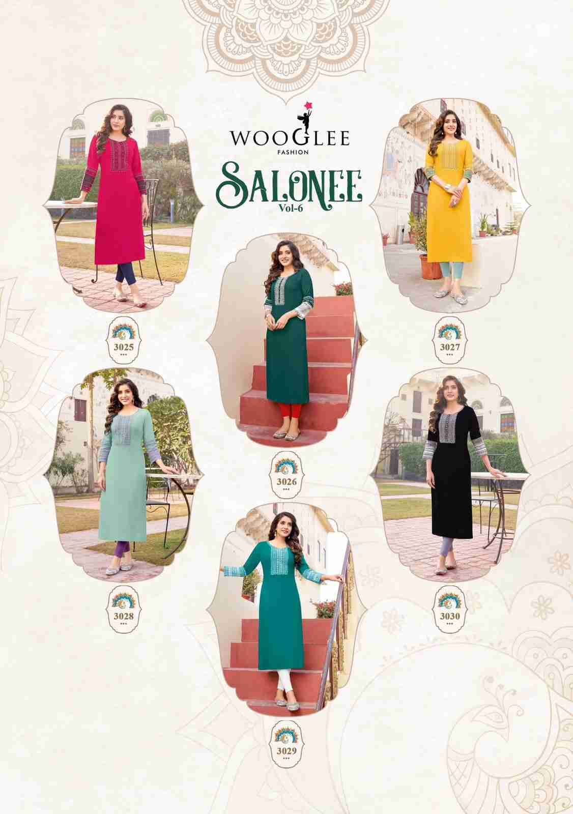 Salonee Vol-6 By Wooglee 3025 To 3030 Series Designer Stylish Fancy Colorful Beautiful Party Wear & Ethnic Wear Collection Rayon With Work Kurtis At Wholesale Price