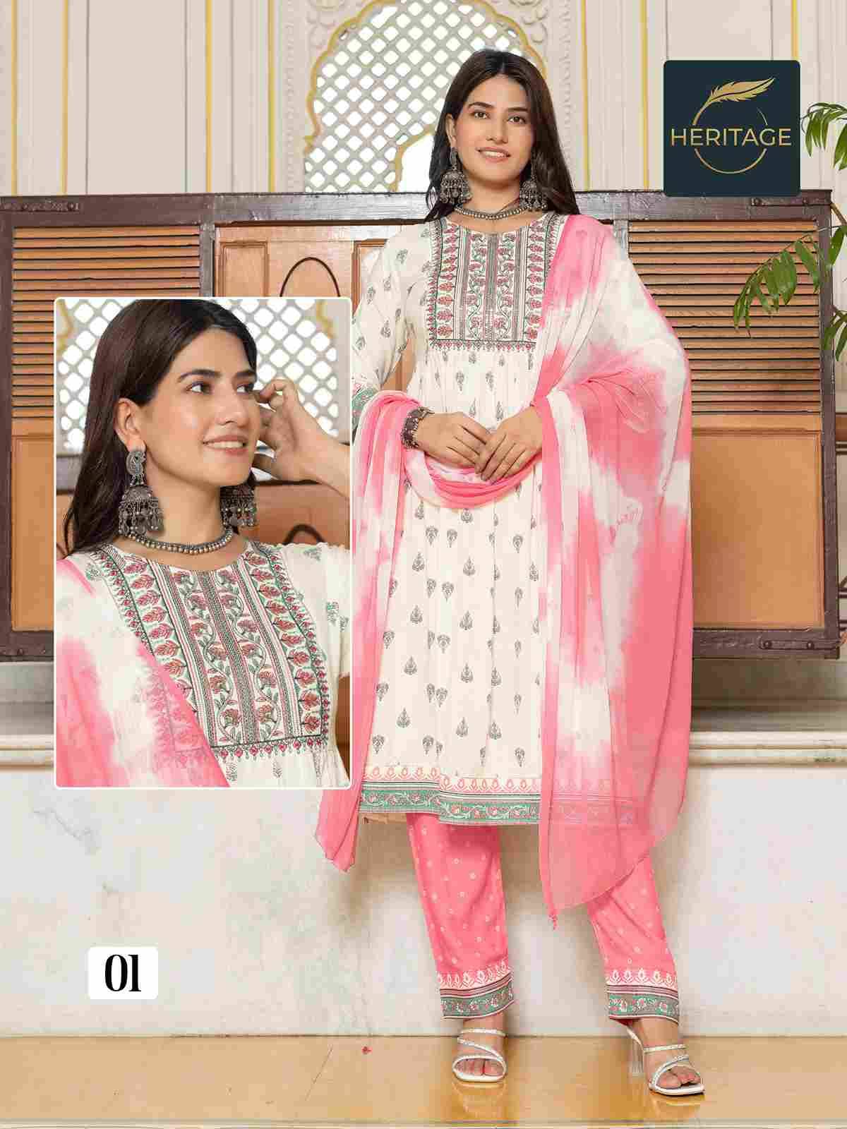 Kavya By Heritage 01 To 05 Series Beautiful Festive Suits Colorful Stylish Fancy Casual Wear & Ethnic Wear Rayon With Work Dresses At Wholesale Price