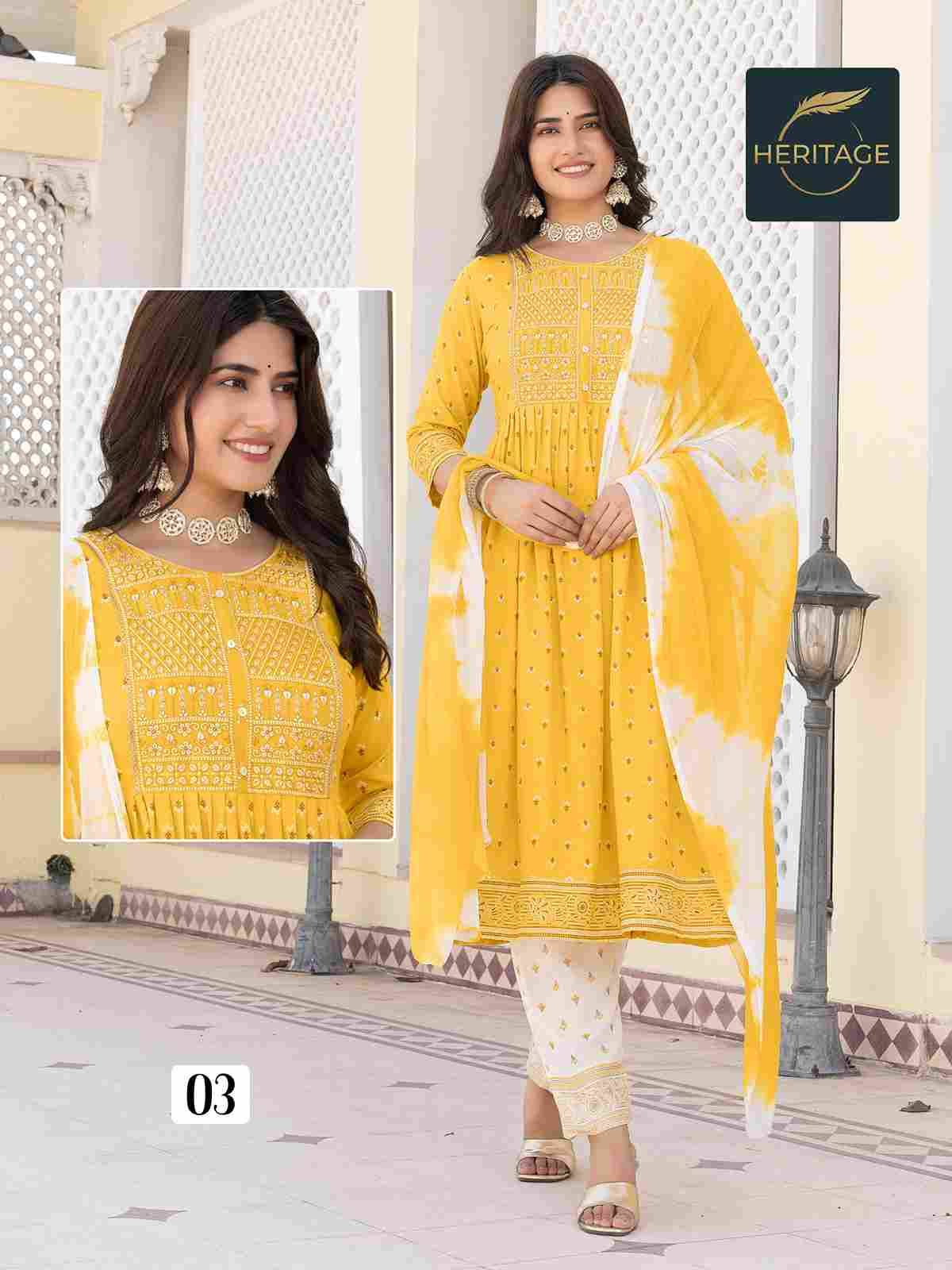 Kavya By Heritage 01 To 05 Series Beautiful Festive Suits Colorful Stylish Fancy Casual Wear & Ethnic Wear Rayon With Work Dresses At Wholesale Price