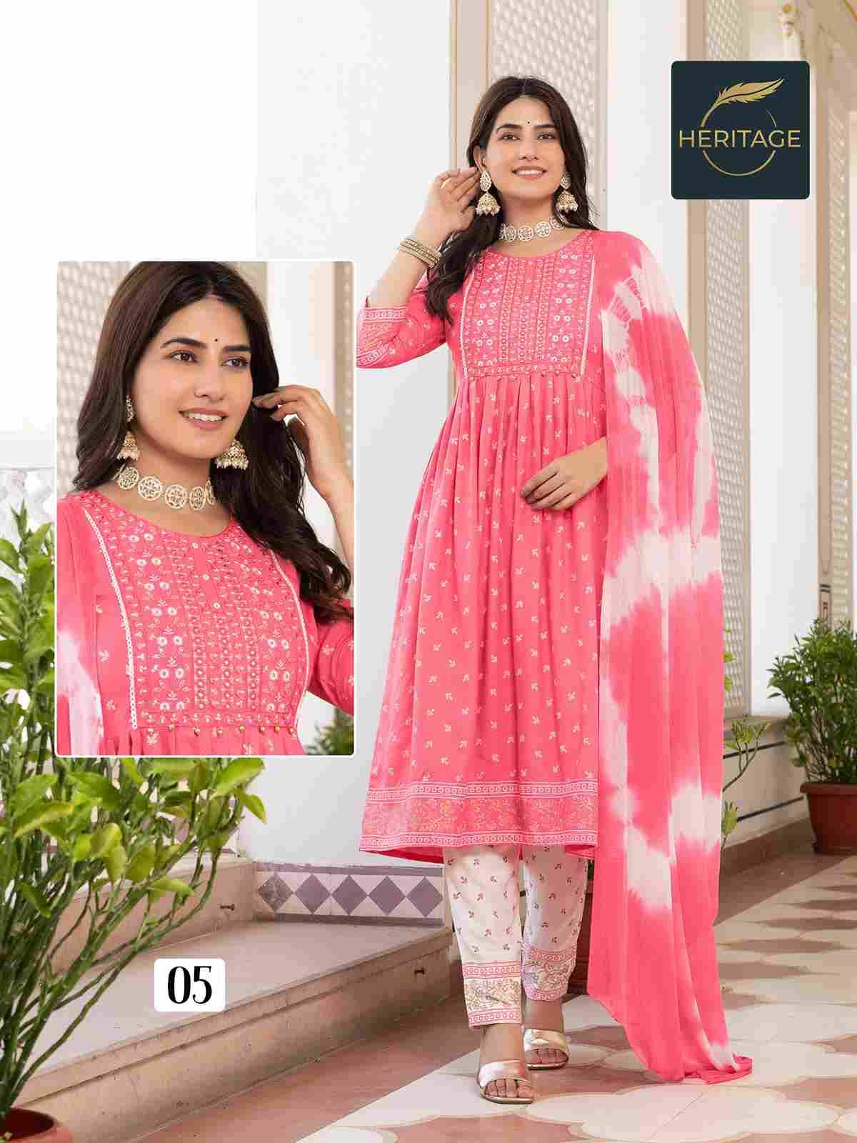 Kavya By Heritage 01 To 05 Series Beautiful Festive Suits Colorful Stylish Fancy Casual Wear & Ethnic Wear Rayon With Work Dresses At Wholesale Price