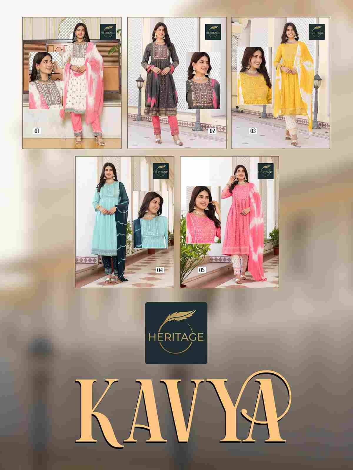 Kavya By Heritage 01 To 05 Series Beautiful Festive Suits Colorful Stylish Fancy Casual Wear & Ethnic Wear Rayon With Work Dresses At Wholesale Price