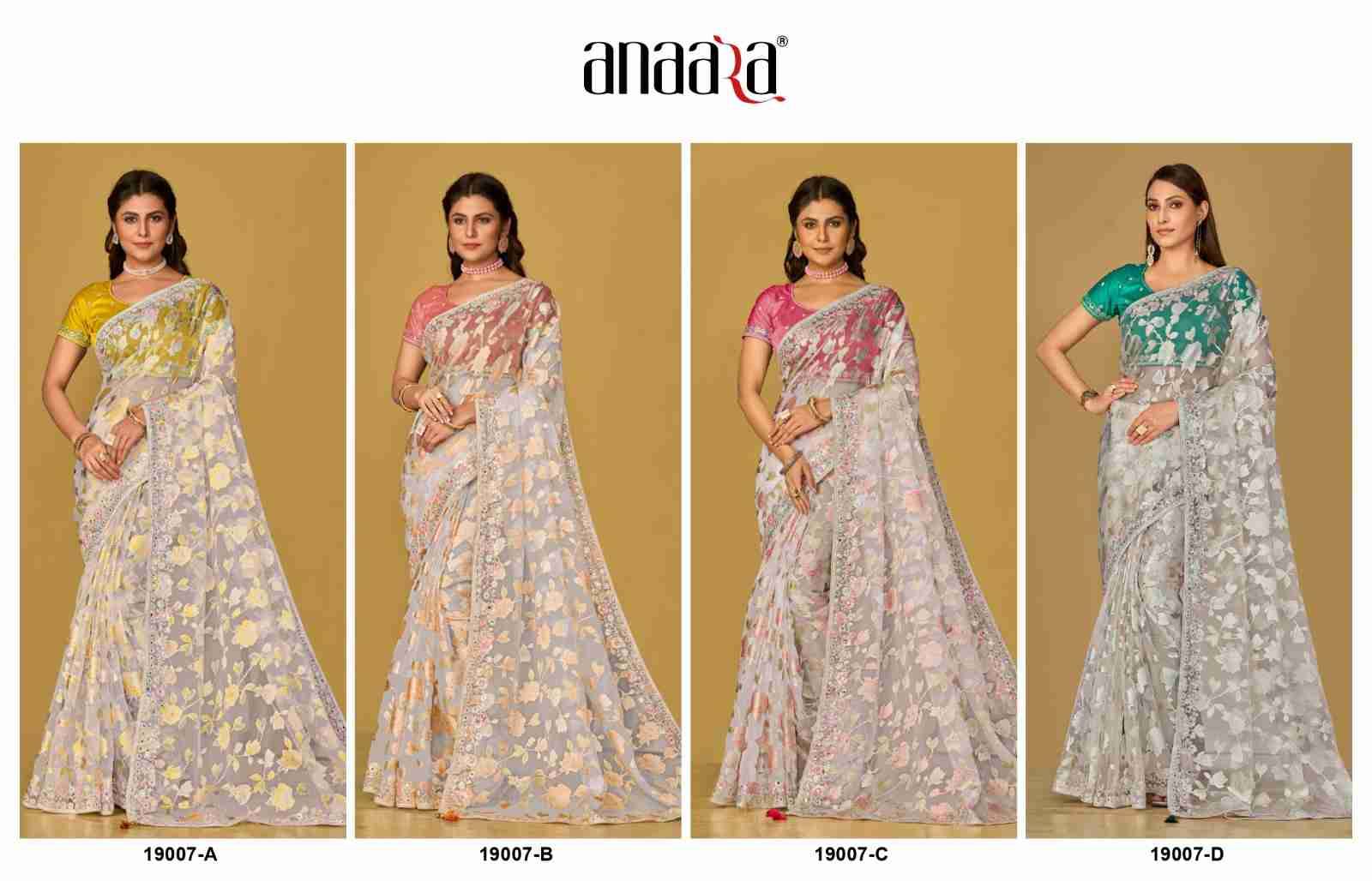 Anaara 19007 Colours By Tathastu 19007-A To 19007-D Series Indian Traditional Wear Collection Beautiful Stylish Fancy Colorful Party Wear & Occasional Wear Organza Brasso Sarees At Wholesale Price