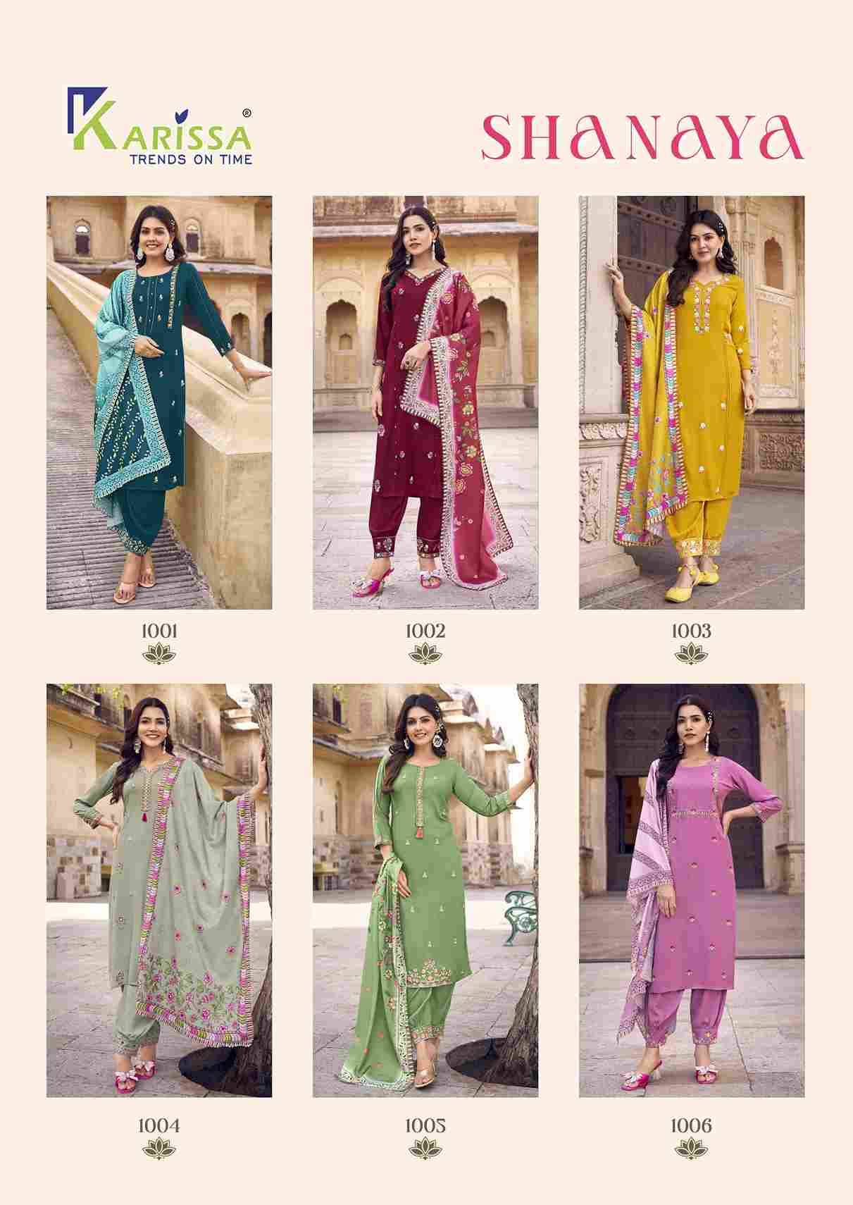 Shanaya By Karissa 1001 To 1006 Series Beautiful Festive Suits Colorful Stylish Fancy Casual Wear & Ethnic Wear Rayon Print Dresses At Wholesale Price