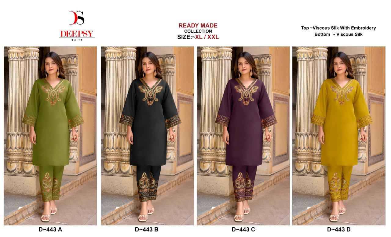 Deepsy Hit Design 443 Colours By Deepsy Suits 443-A To 443-D Series Designer Pakistani Suits Collection Beautiful Stylish Fancy Colorful Party Wear & Occasional Wear Viscose Silk Kurtis With Bottom At Wholesale Price