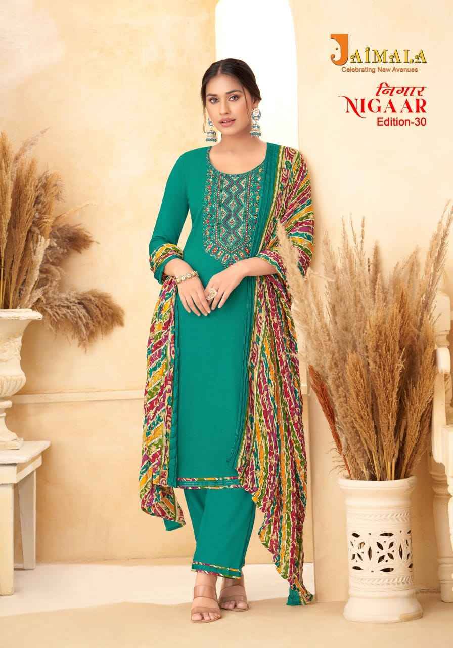 Nigaar Vol-30 By Jaimala 1576-001 To 1576-008 Series Beautiful Festive Suits Colorful Stylish Fancy Casual Wear & Ethnic Wear Pure Rayon Slub With Work Dresses At Wholesale Price