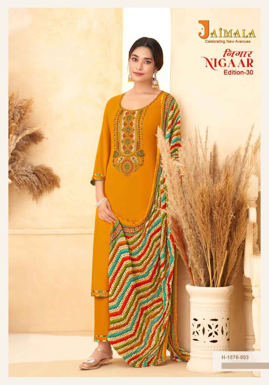 Nigaar Vol-30 By Jaimala 1576-001 To 1576-008 Series Beautiful Festive Suits Colorful Stylish Fancy Casual Wear & Ethnic Wear Pure Rayon Slub With Work Dresses At Wholesale Price