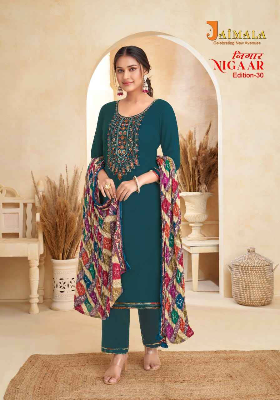 Nigaar Vol-30 By Jaimala 1576-001 To 1576-008 Series Beautiful Festive Suits Colorful Stylish Fancy Casual Wear & Ethnic Wear Pure Rayon Slub With Work Dresses At Wholesale Price