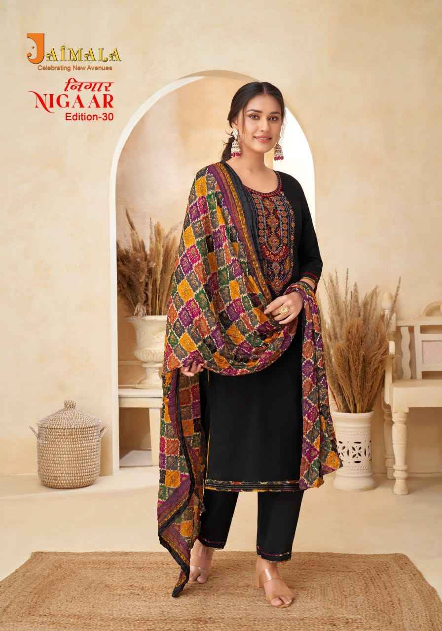 Nigaar Vol-30 By Jaimala 1576-001 To 1576-008 Series Beautiful Festive Suits Colorful Stylish Fancy Casual Wear & Ethnic Wear Pure Rayon Slub With Work Dresses At Wholesale Price