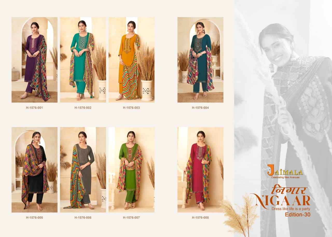 Nigaar Vol-30 By Jaimala 1576-001 To 1576-008 Series Beautiful Festive Suits Colorful Stylish Fancy Casual Wear & Ethnic Wear Pure Rayon Slub With Work Dresses At Wholesale Price