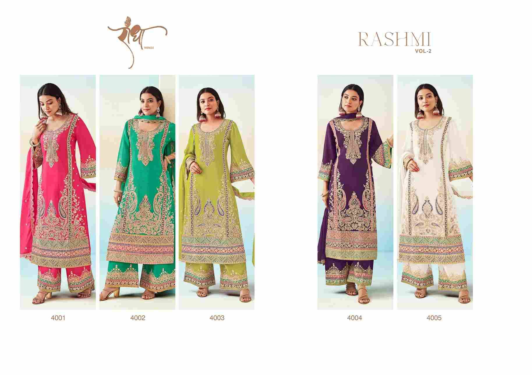 Rashmi Vol-2 By Radha Trendz 4001 To 4005 Series Beautiful Sharara Suits Colorful Stylish Fancy Casual Wear & Ethnic Wear Chinnon Dresses At Wholesale Price