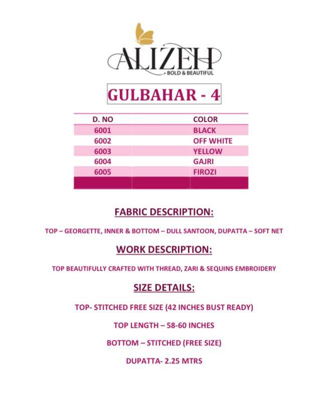 Gulbahar Vol-4 By Alizeh 6001 To 6005 Series Beautiful Suits Colorful Stylish Fancy Casual Wear & Ethnic Wear Georgette Embroidered Dresses At Wholesale Price