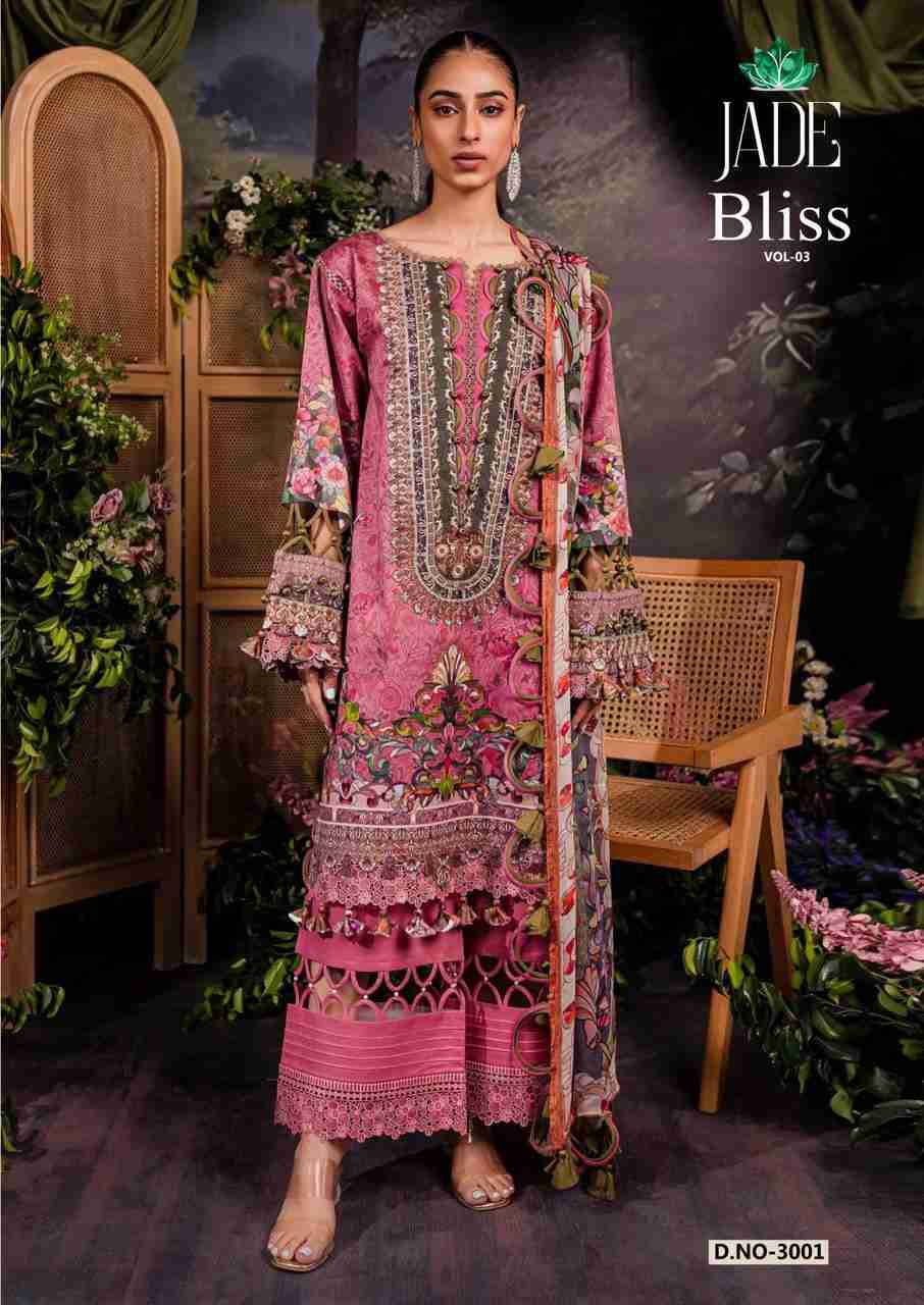 Bliss Vol-3 By Jade 3001 To 3008 Series Beautiful Festive Suits Colorful Stylish Fancy Casual Wear & Ethnic Wear Pure Cotton Print Dresses At Wholesale Price