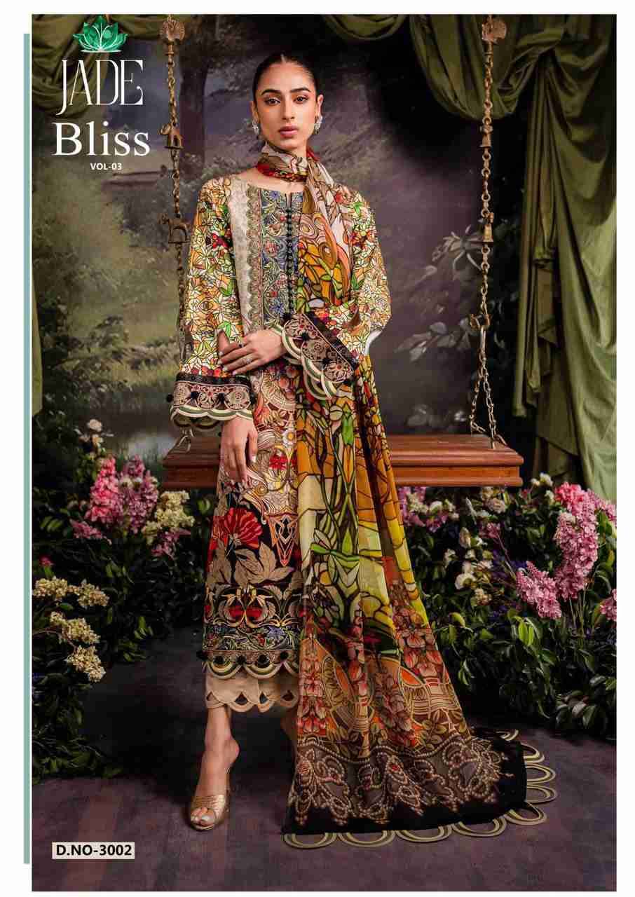 Bliss Vol-3 By Jade 3001 To 3008 Series Beautiful Festive Suits Colorful Stylish Fancy Casual Wear & Ethnic Wear Pure Cotton Print Dresses At Wholesale Price