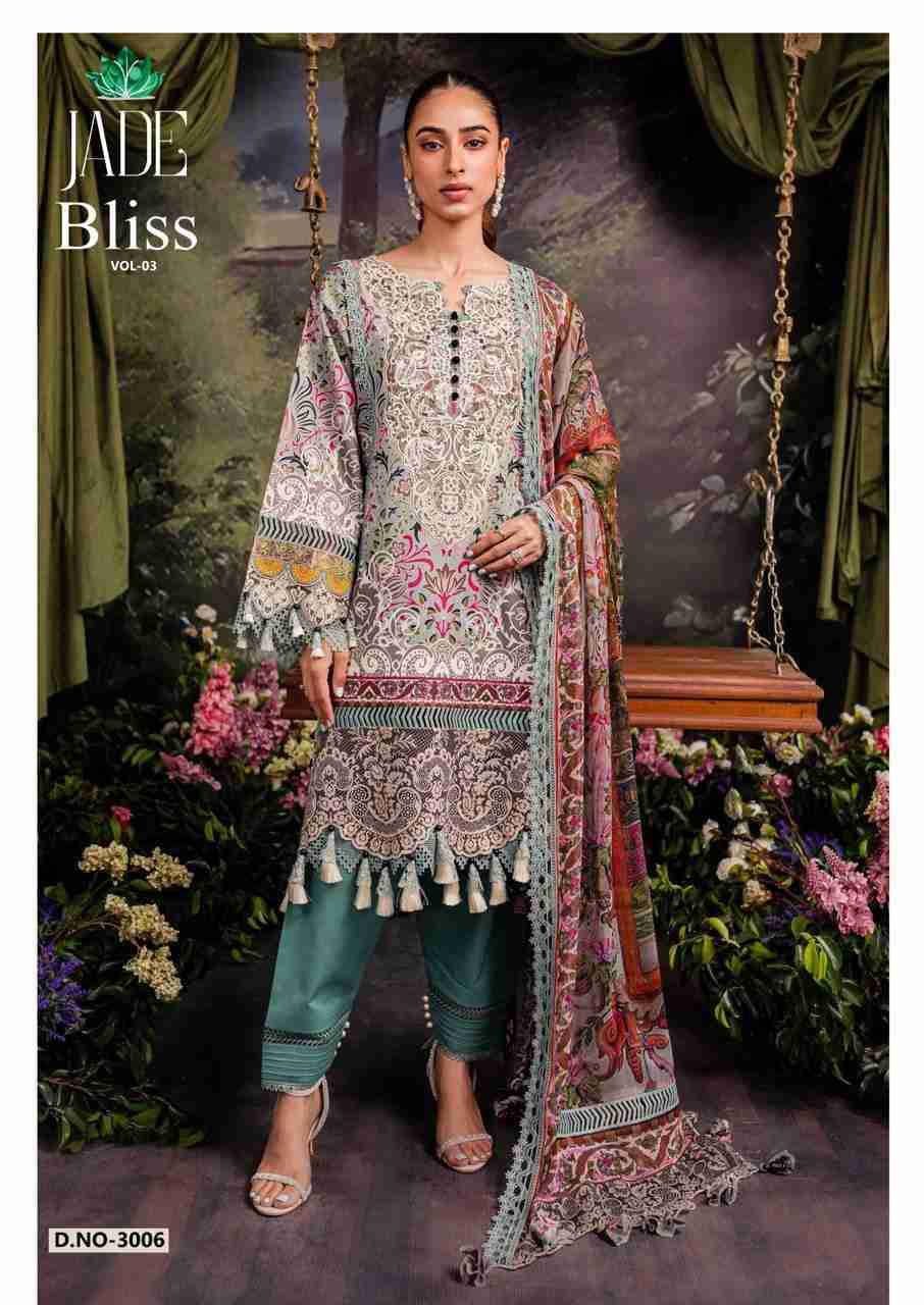 Bliss Vol-3 By Jade 3001 To 3008 Series Beautiful Festive Suits Colorful Stylish Fancy Casual Wear & Ethnic Wear Pure Cotton Print Dresses At Wholesale Price