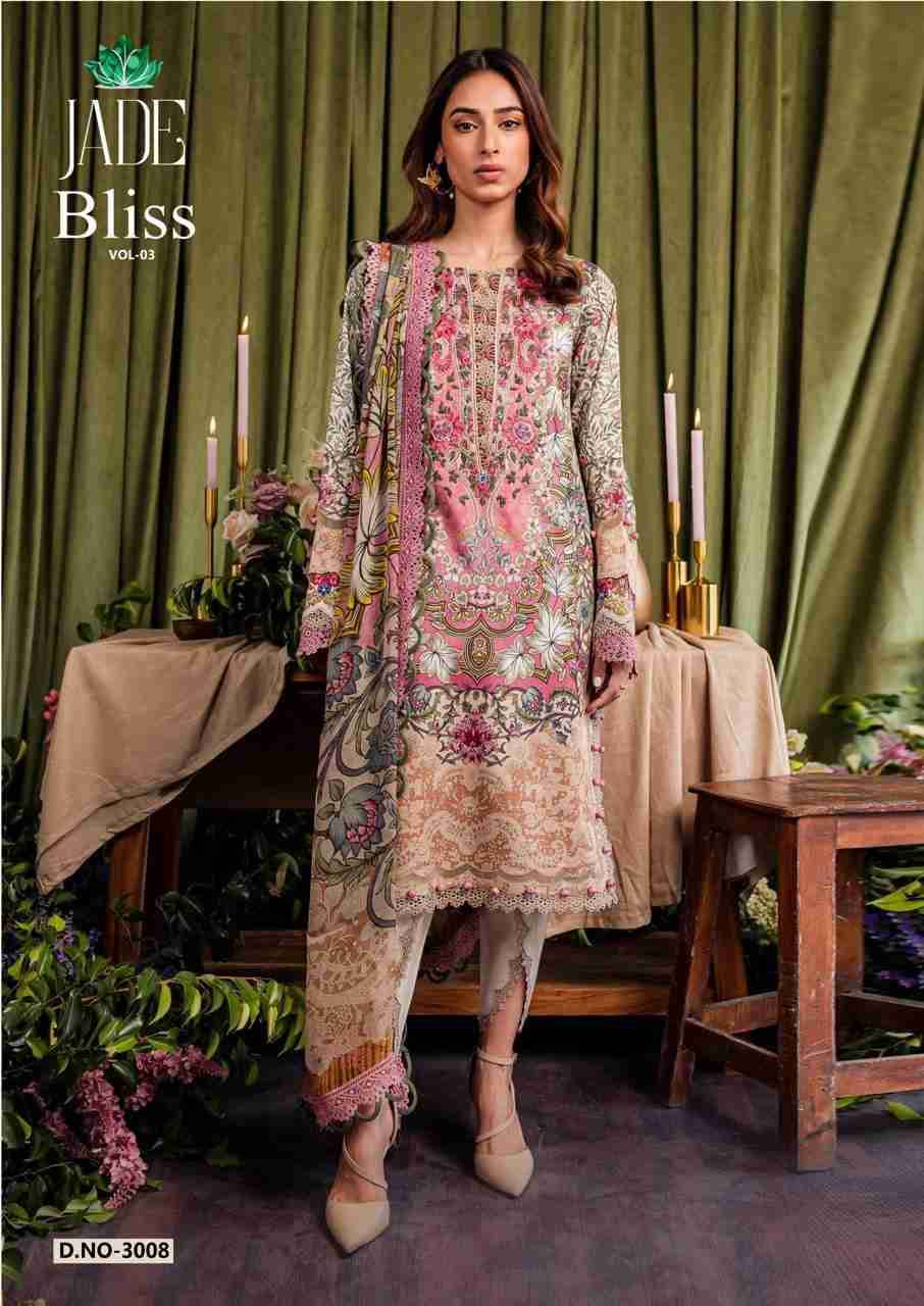 Bliss Vol-3 By Jade 3001 To 3008 Series Beautiful Festive Suits Colorful Stylish Fancy Casual Wear & Ethnic Wear Pure Cotton Print Dresses At Wholesale Price