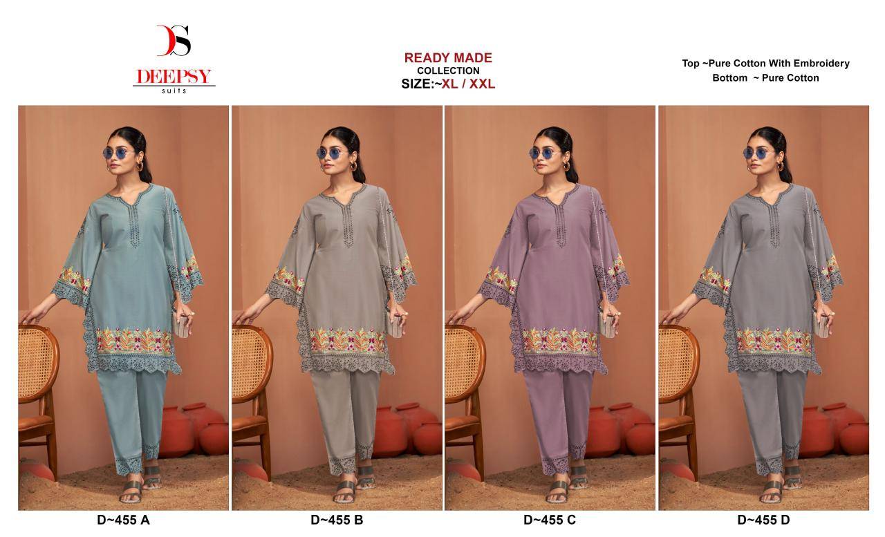 Deepsy Hit Design 455 Colours By Deepsy Suits 455-A To 455-D Series Designer Pakistani Suits Collection Beautiful Stylish Fancy Colorful Party Wear & Occasional Wear Pure Cotton Co-Ords At Wholesale Price