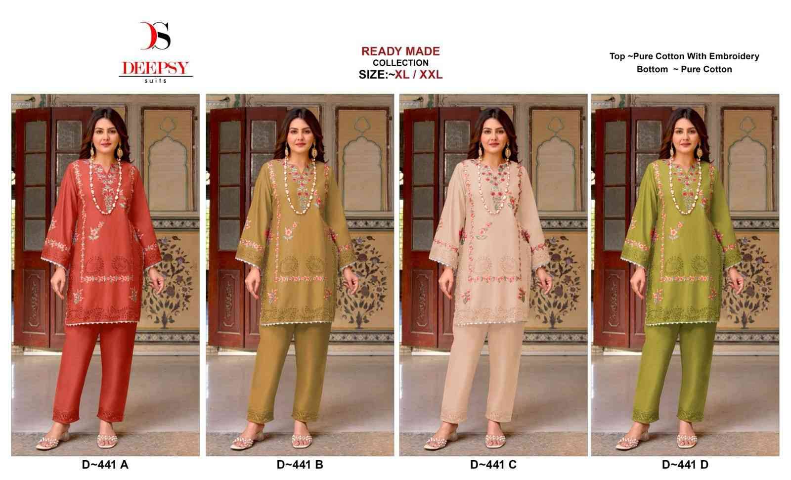 Deepsy Hit Design 441 Colours By Deepsy Suits 441-A To 441-D Series Designer Pakistani Suits Collection Beautiful Stylish Fancy Colorful Party Wear & Occasional Wear Pure Cotton Kurtis With Bottom At Wholesale Price