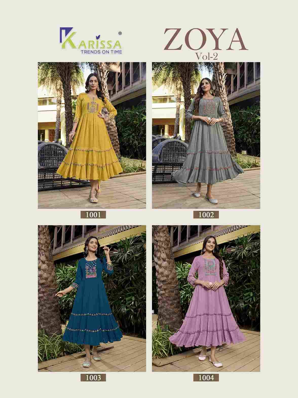 Zoya Vol-2 By Karissa 1001 To 1004 Series Beautiful Suits Colorful Stylish Fancy Casual Wear & Ethnic Wear Rayon Print Gowns At Wholesale Price