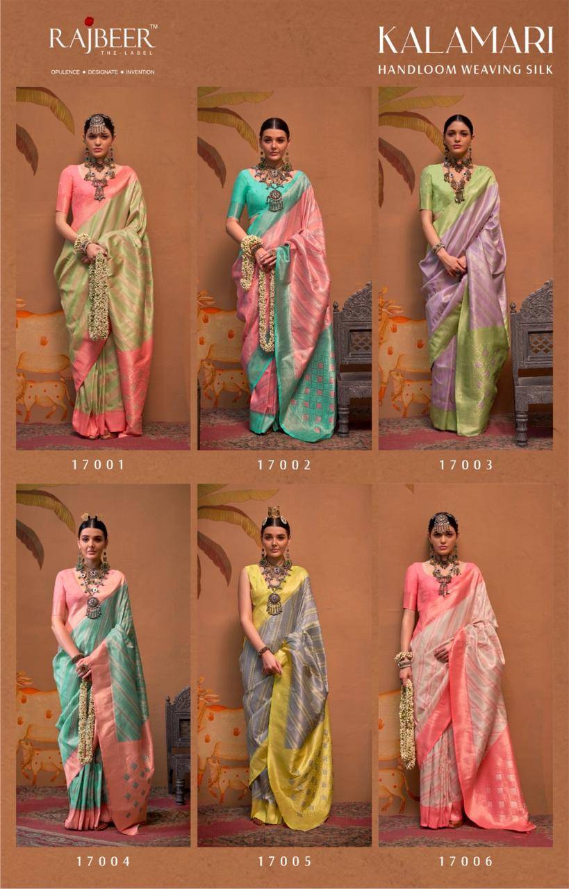 Kalamari By Rajbeer 17001 To 17006 Series Indian Traditional Wear Collection Beautiful Stylish Fancy Colorful Party Wear & Occasional Wear Handloom Silk Sarees At Wholesale Price