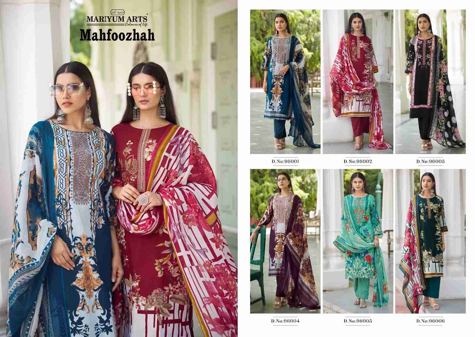 Mahfoozah By Mariyum Arts 96001 To 96006 Series Beautiful Festive Suits Stylish Fancy Colorful Casual Wear & Ethnic Wear Cambric Cotton Print Dresses At Wholesale Price