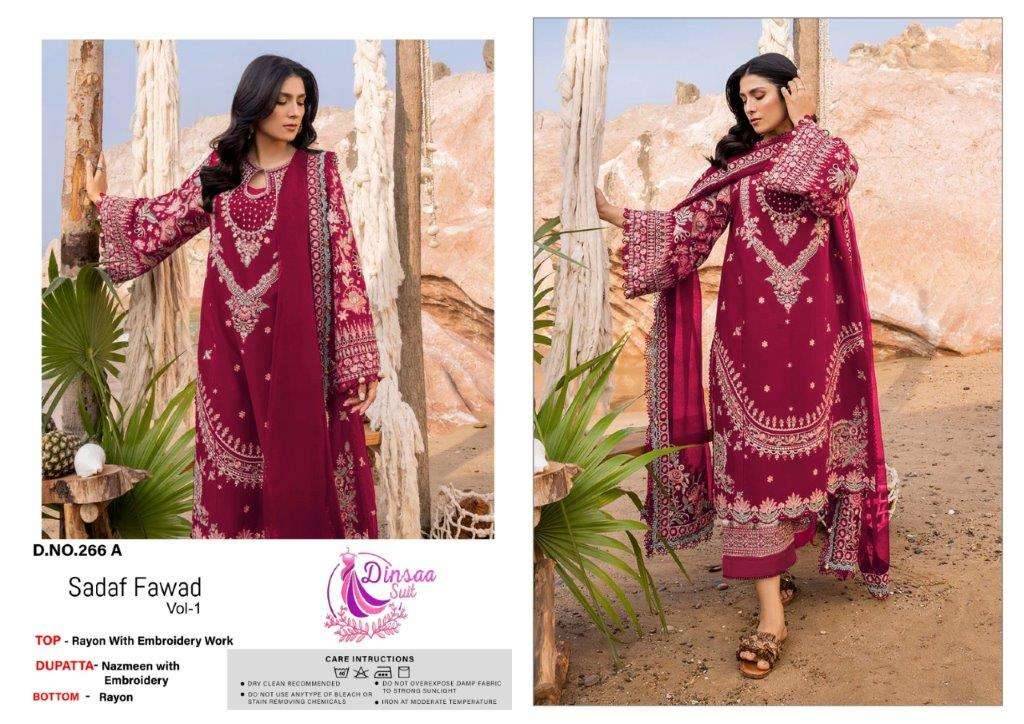 Sadaf Fawad Vol-1 By Dinssa Suits 266-A To 266-D Series Pakistani Suits Beautiful Fancy Colorful Stylish Party Wear & Occasional Wear Pure Rayon Embroidery Dresses At Wholesale Price