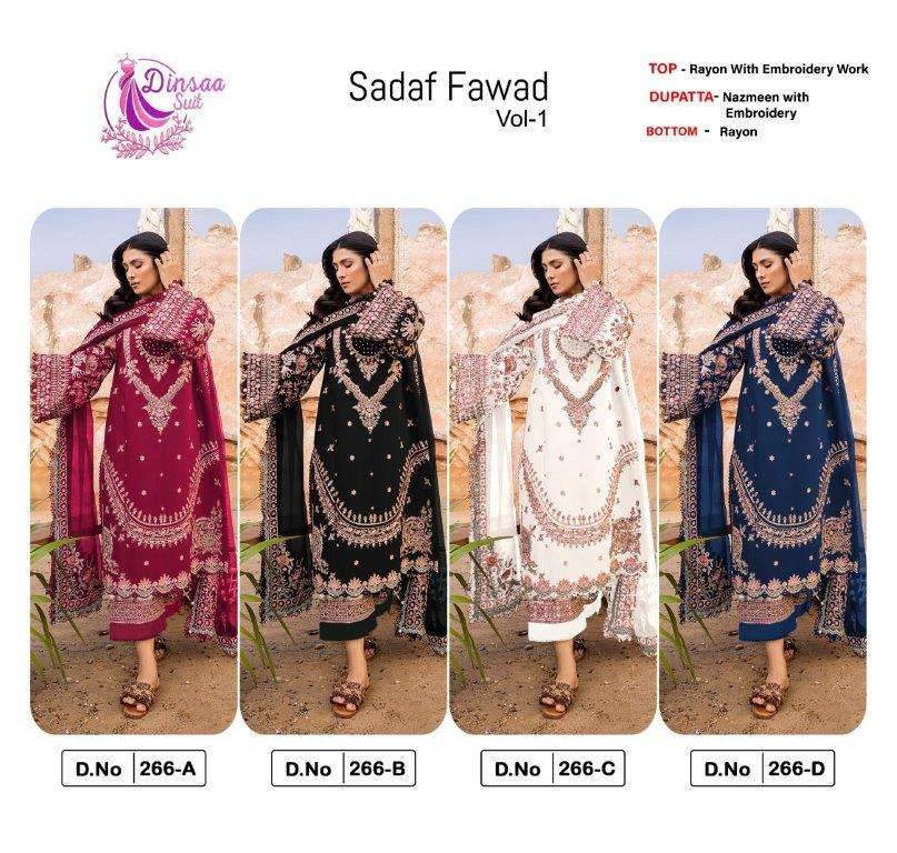 Sadaf Fawad Vol-1 By Dinssa Suits 266-A To 266-D Series Pakistani Suits Beautiful Fancy Colorful Stylish Party Wear & Occasional Wear Pure Rayon Embroidery Dresses At Wholesale Price