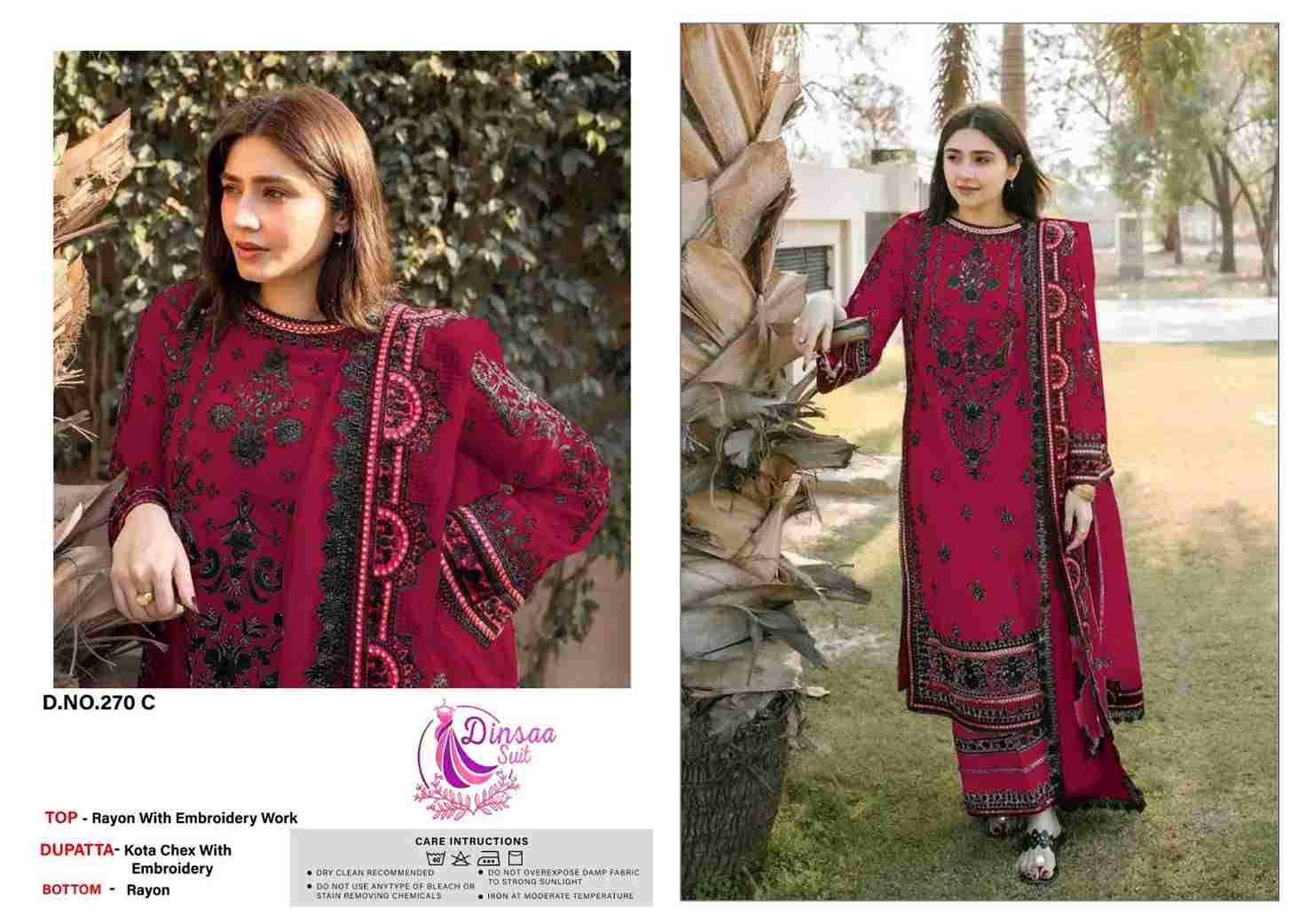 Dinsaa Hit Design 270 Colours By Dinssa Suits 270-A To 270-D Series Pakistani Suits Beautiful Fancy Colorful Stylish Party Wear & Occasional Wear Pure Rayon Embroidery Dresses At Wholesale Price