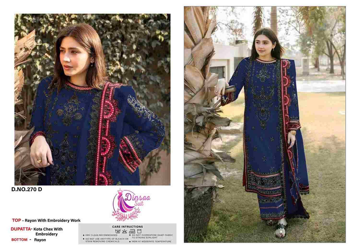 Dinsaa Hit Design 270 Colours By Dinssa Suits 270-A To 270-D Series Pakistani Suits Beautiful Fancy Colorful Stylish Party Wear & Occasional Wear Pure Rayon Embroidery Dresses At Wholesale Price