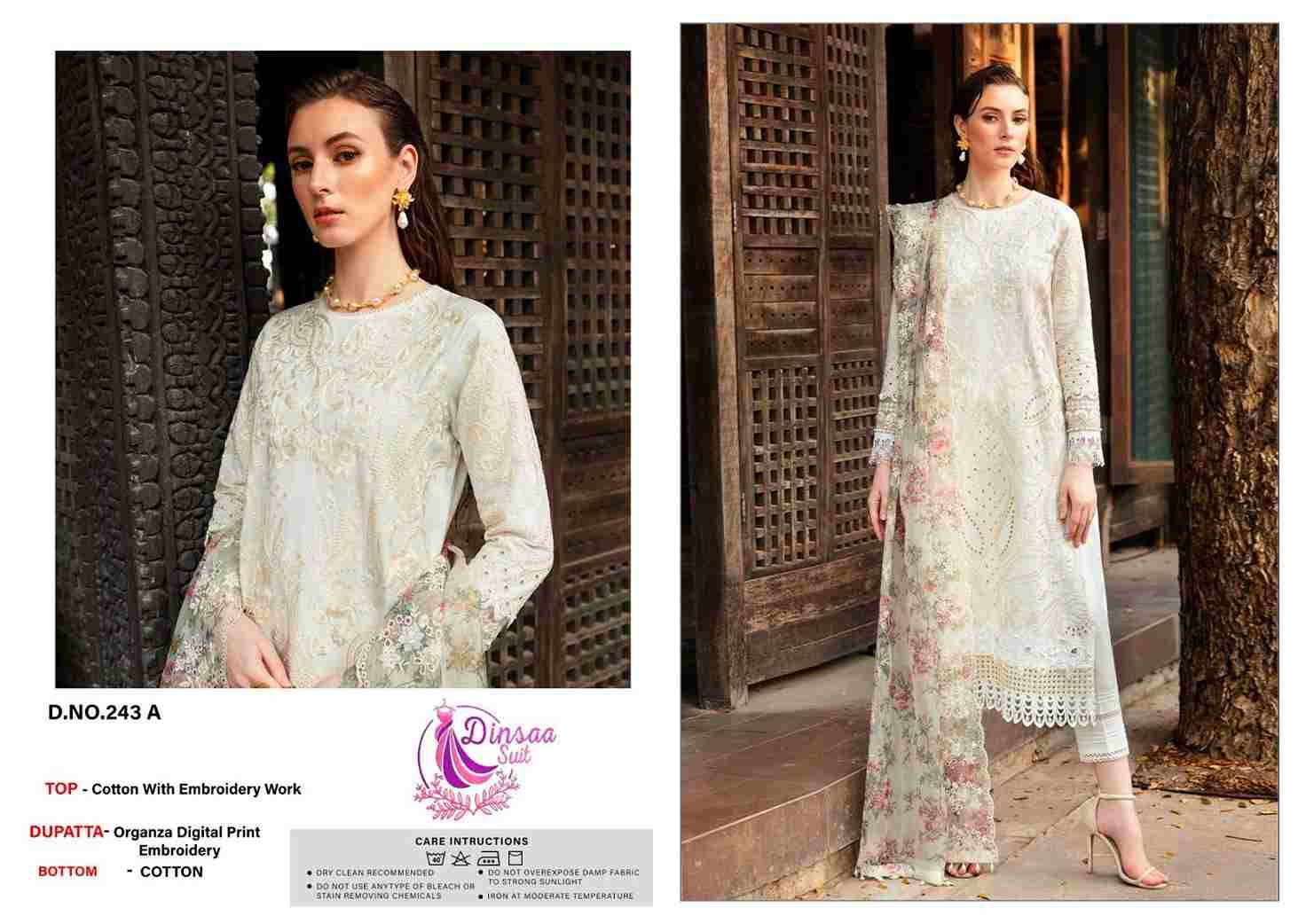 Dinsaa Hit Design 243 Colours By Dinssa Suits 243-A To 243-B Series Pakistani Suits Beautiful Fancy Colorful Stylish Party Wear & Occasional Wear Pure Cotton Embroidery Dresses At Wholesale Price