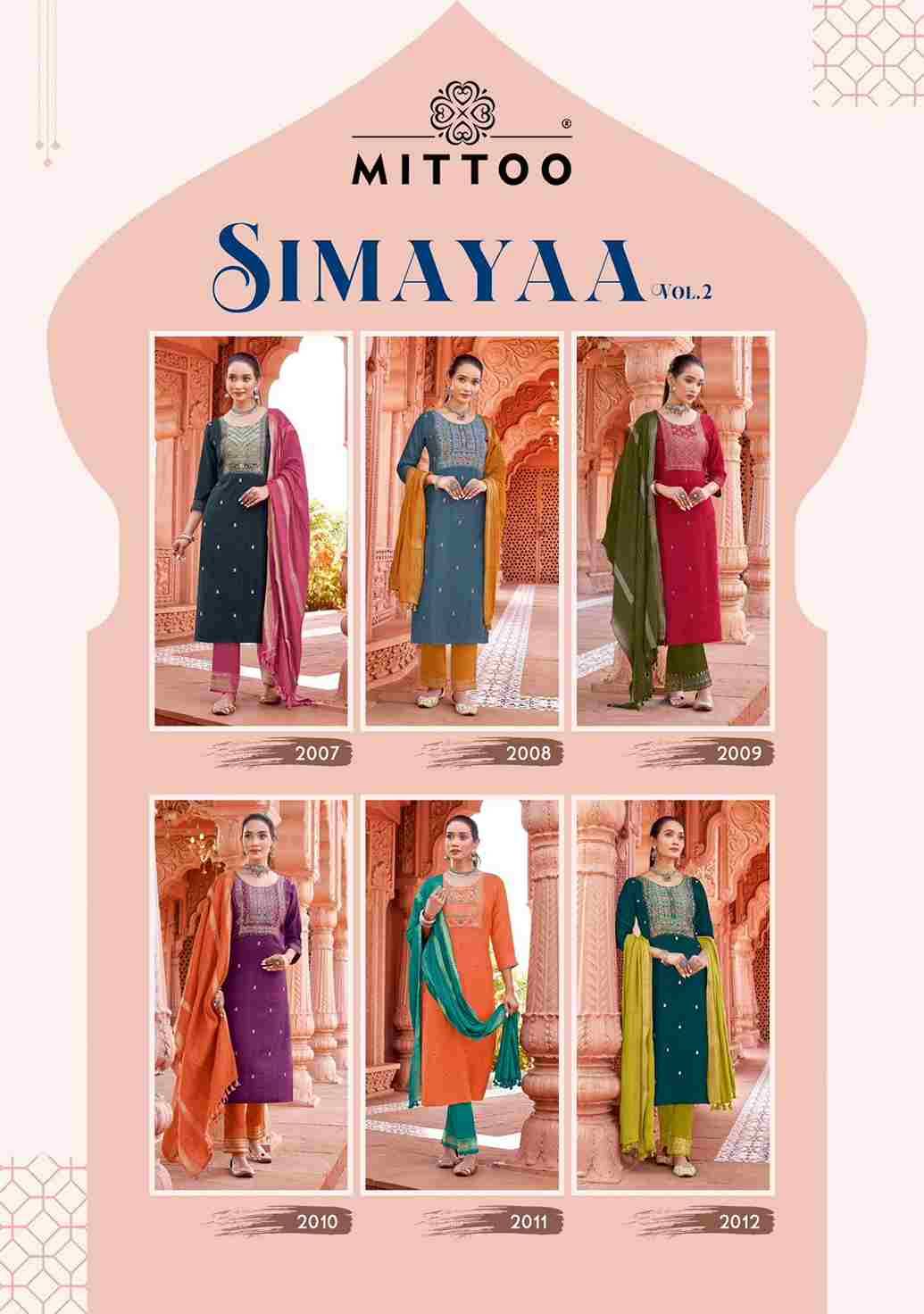 Simayaa Vol-2 By Mittoo 2007 To 2012 Series Beautiful Stylish Festive Suits Fancy Colorful Casual Wear & Ethnic Wear & Ready To Wear Viscose Embroidered Dresses At Wholesale Price