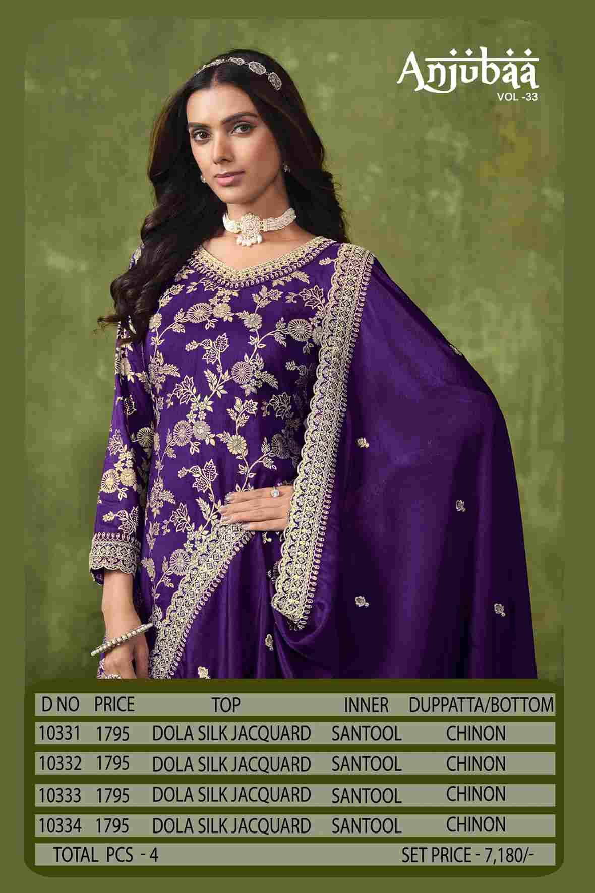 Anjubaa Vol-33 By Fashid Wholesale 10331 To 10334 Series Designer Anarkali Suits Beautiful Fancy Colorful Stylish Party Wear & Occasional Wear Dola Silk Jacquard Dresses At Wholesale Price